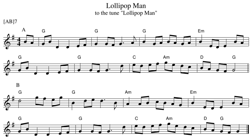 Sheet music for the dance Lollipop Man